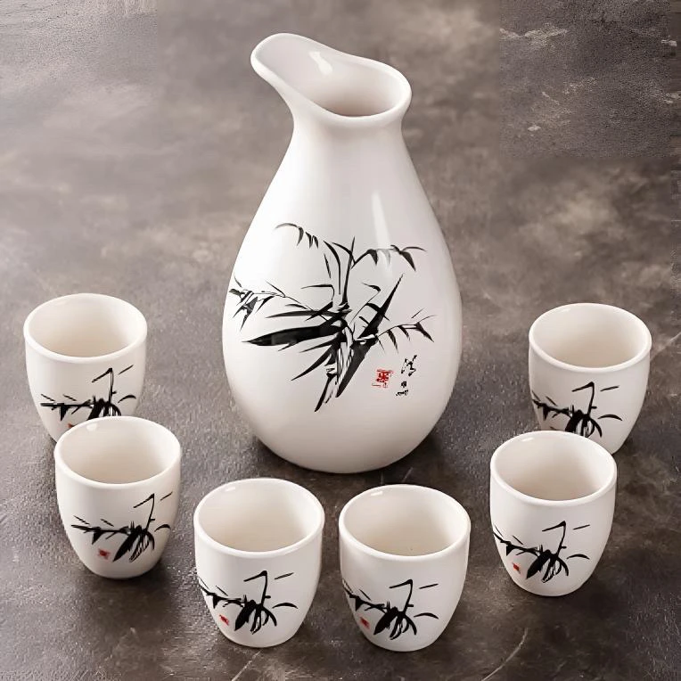 A 169(礼盒装)陶瓷墨竹酒具礼盒装白酒杯一壶六杯壶分酒器酒壶