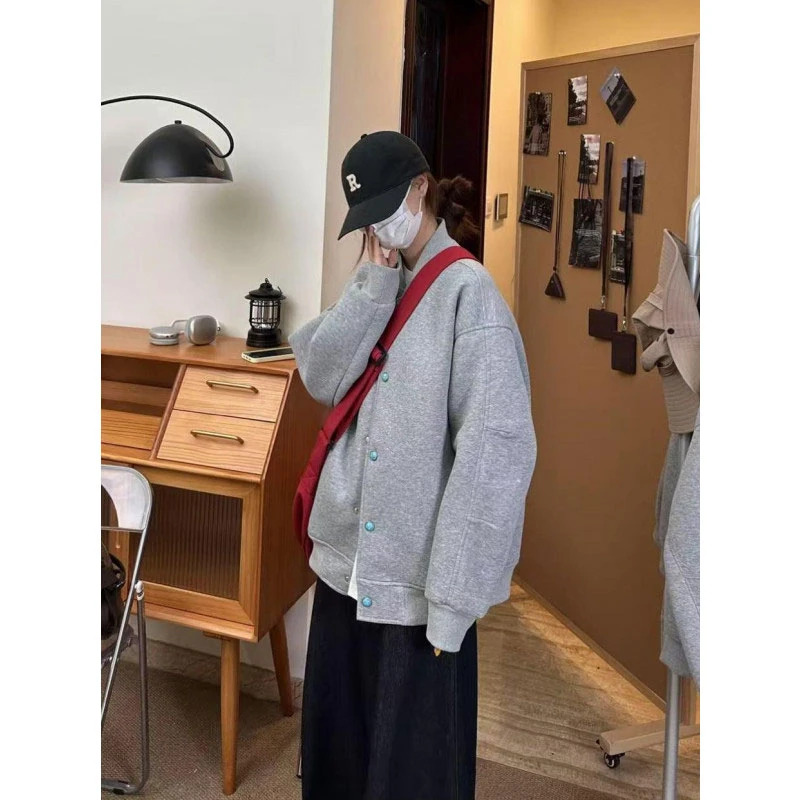 浅灰色正肩绿松石棒球服男女初秋百搭复古美式情侣外套老钱风夹克