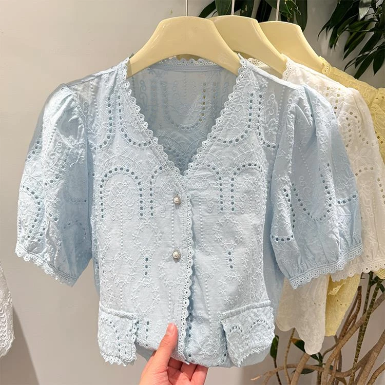 甜美开衫法式气质高级感V领钩花镂空小香风短袖小衫女2025夏上衣