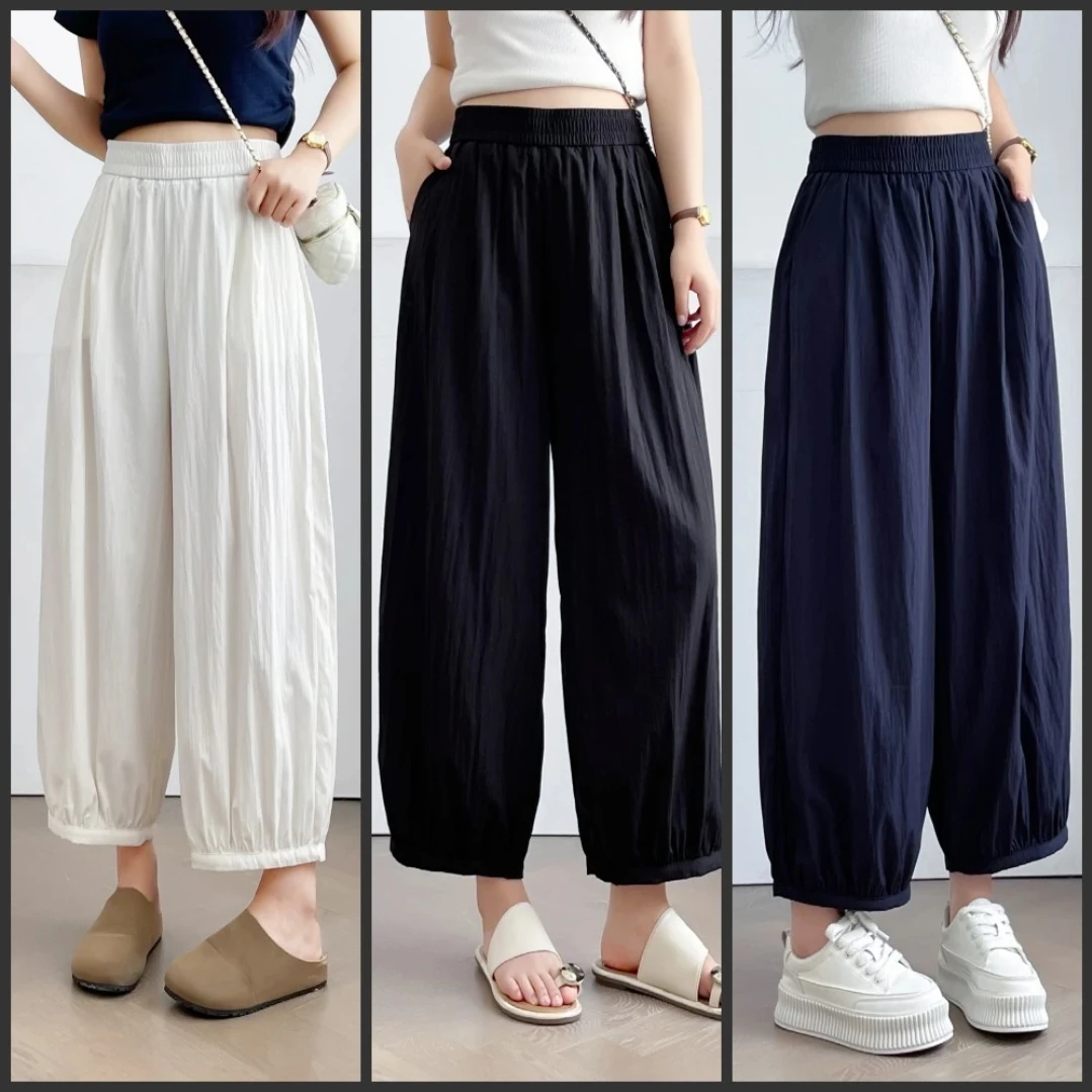 大码胖mm夏装新款时尚松紧腰休闲裤女显瘦九分阔腿裤压皱灯笼裤