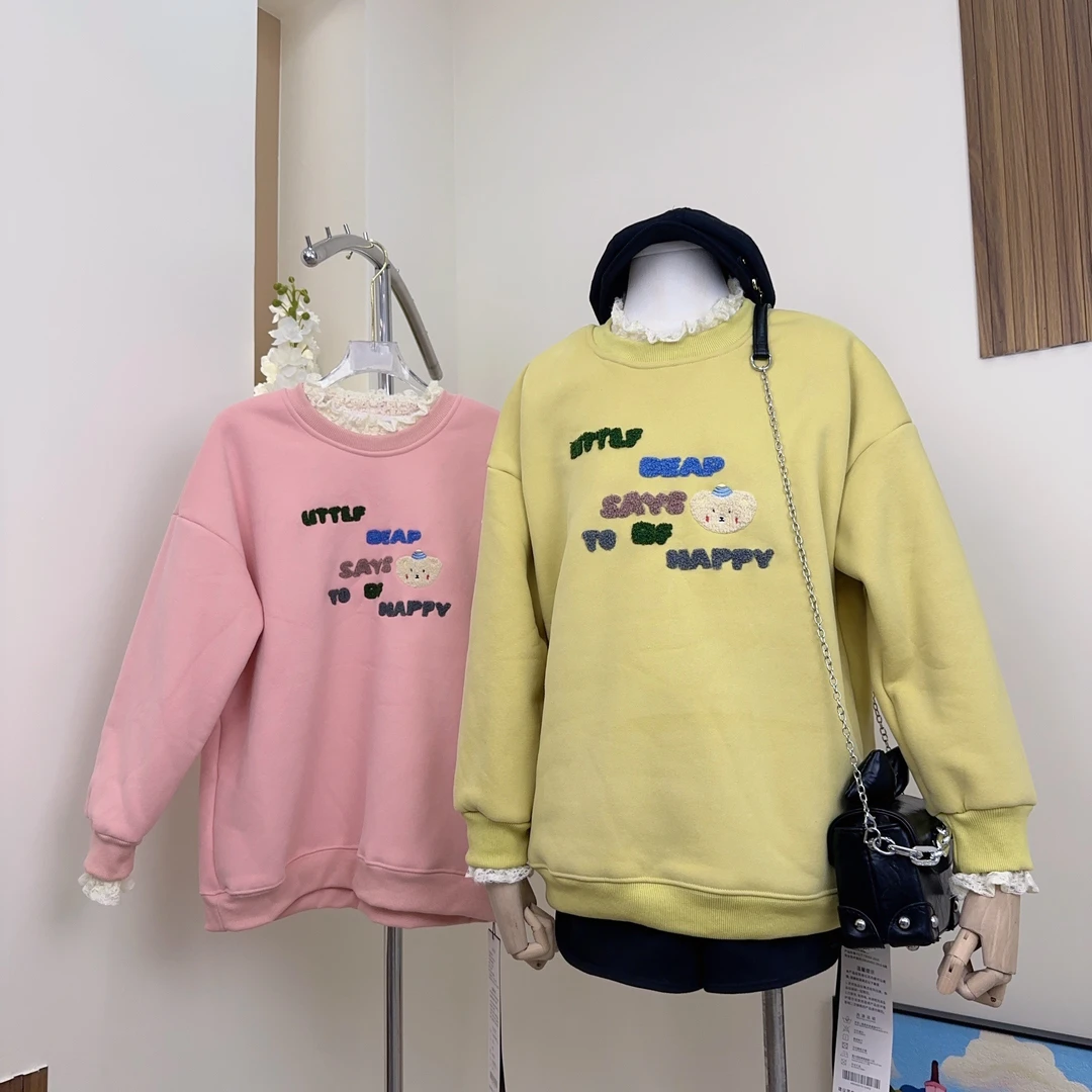 （3083/3135）y2025秋冬加绒加厚卫衣女刺绣韩版印花宽松假两件上衣