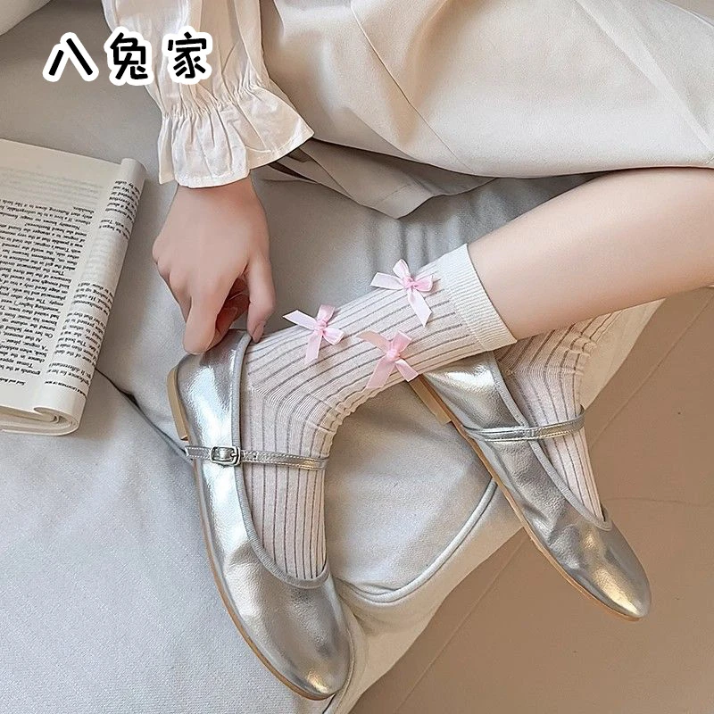 八兔家芭蕾风袜子女夏季薄款日系中筒袜百搭简约蕾丝蝴蝶结小香风