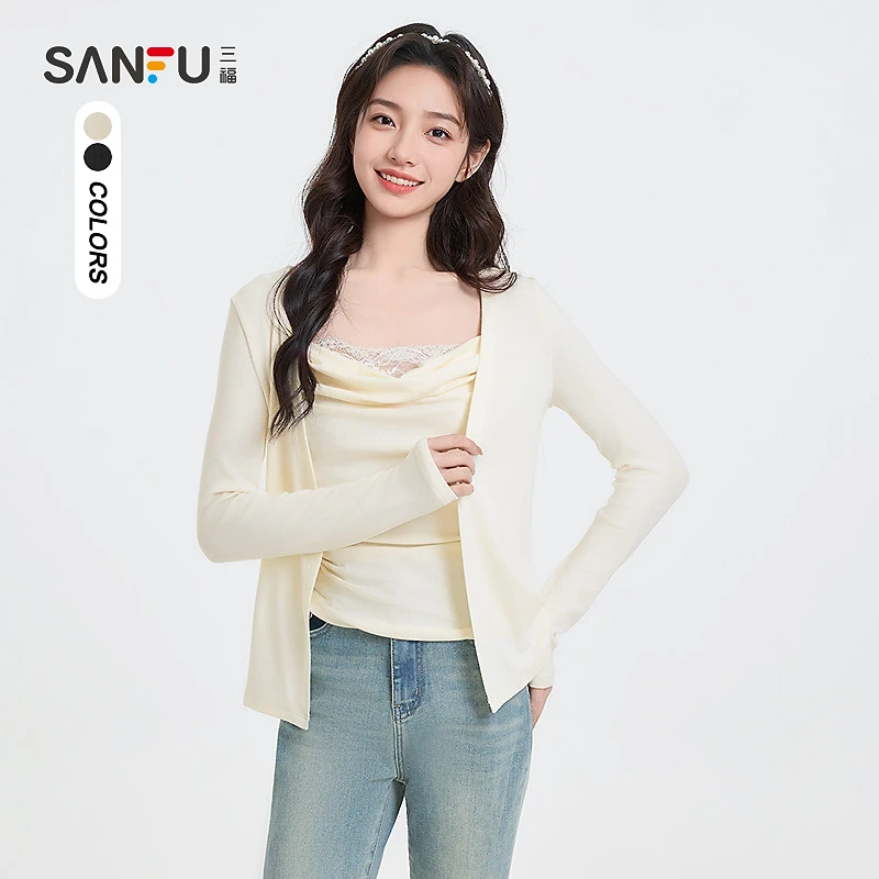 三福套装2025春季褶皱荡领吊带开衫披肩两件套女装498425