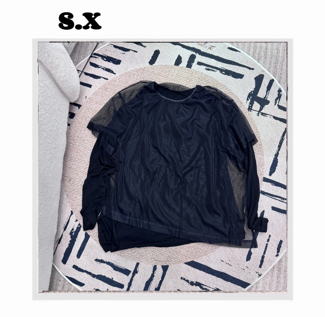 S.X 2025春夏新款  设计感拼接假两件网纱长袖T
