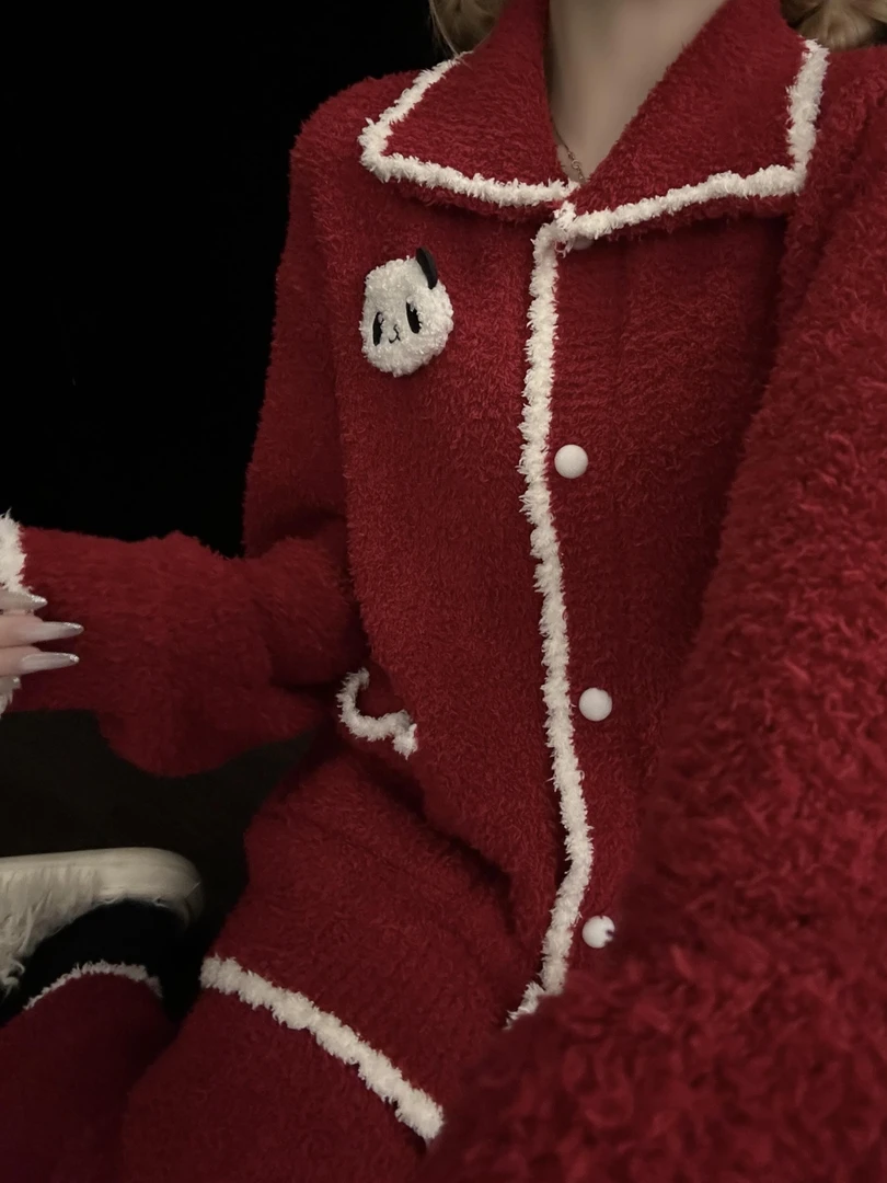 韩系复古中国红熊猫半边绒睡衣女冬季新款加绒加厚保暖家居服套装