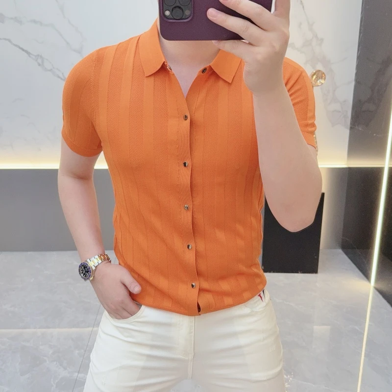 2025欧货轻奢男士针织冰丝短袖T恤纯色百搭夏季半袖polo衫全开衫