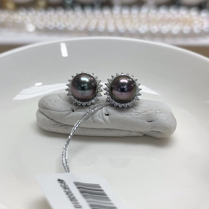 银S925镶嵌耳饰海水珍珠孔雀紫8-9m 32号