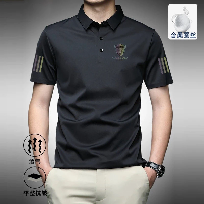 桑蚕丝短袖t恤男士2025夏季冰丝polo衫中青年薄款黑色体恤男装
