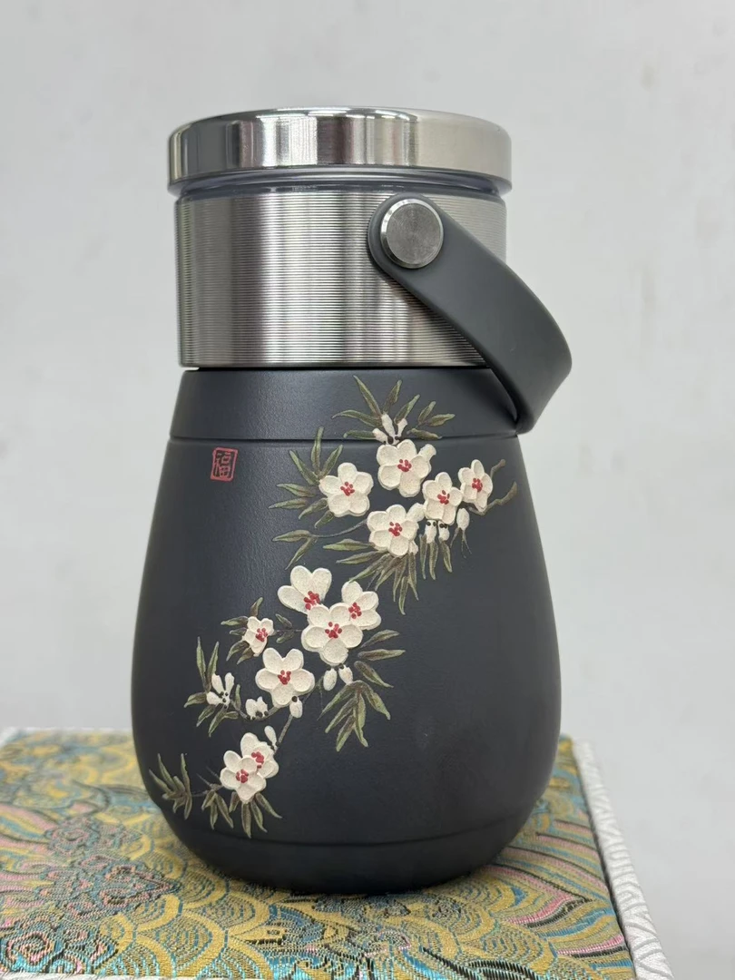 甄选 紫砂 石黄 堆绘 白花 随身杯（微瑕）