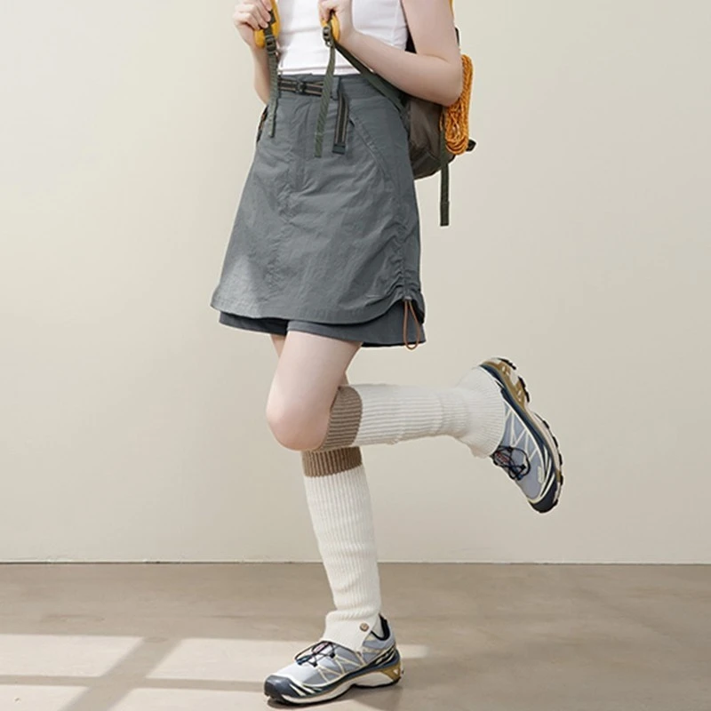 韩式工装风抽绳假两件高腰A字裙女2025夏季新款网红款小众短裙子