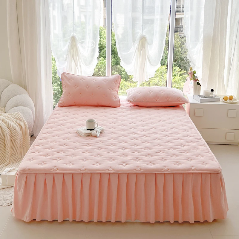 100纯棉全棉夹棉床裙三件套四季加厚床罩单件床垫保护罩防尘床套