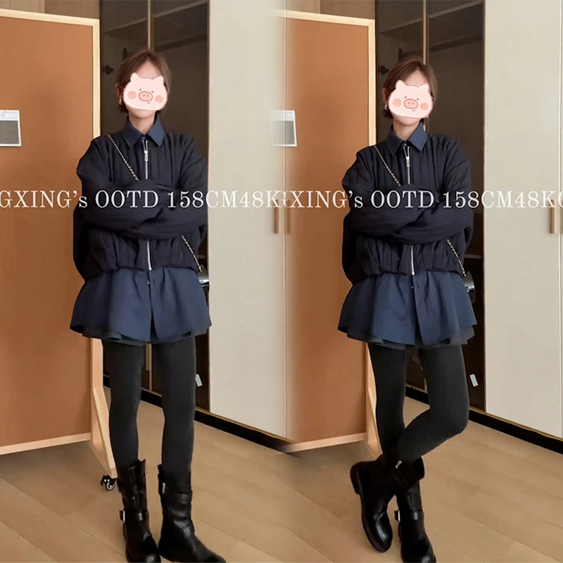 欧洲站秋季新款设计感时尚显瘦长袖休闲风短款假两件圆领棉服外套