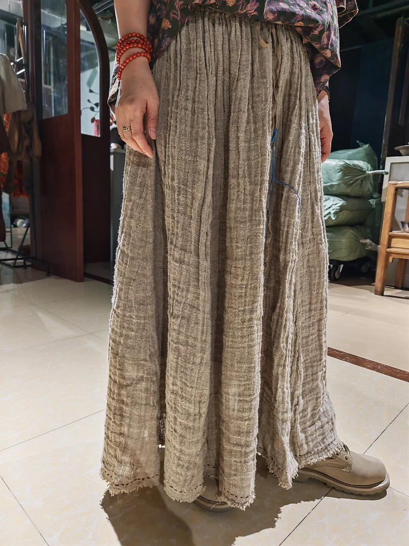 沉香布衣草堂 亚麻肌理感毛边垂感半身裙 2025夏