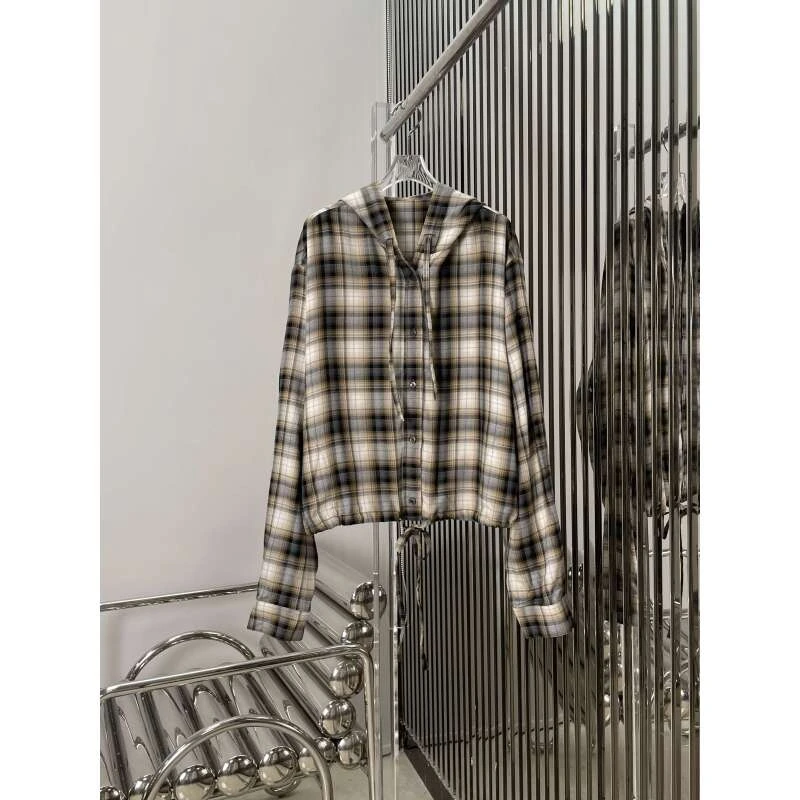 张淼怡同款 AC风格单排扣连帽格纹长袖上衣外套