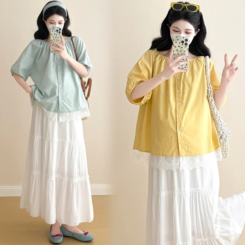 孕妇套装前后二穿夏季棉麻蕾丝拼接衬衫百搭上衣高腰蛋糕裙两件套
