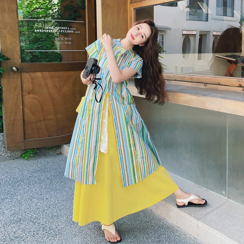 小清新韩系套装裙2025女夏新款气质条纹衬衫黄色蕾丝半身裙两件套
