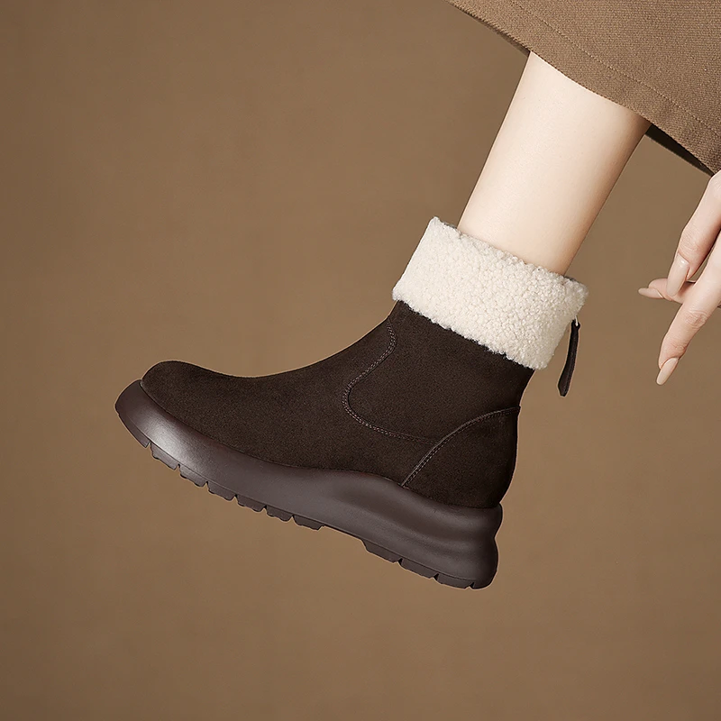 6cm百搭厚底女靴子加厚混纺羊毛圆头短靴冬季牛反绒保暖雪地靴