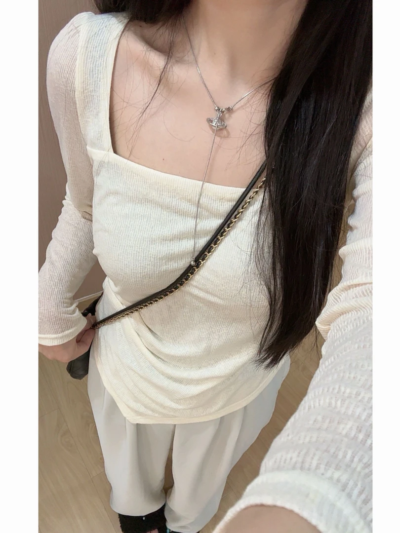 【现货】胖mm早秋新款法式长袖薄款别致掐腰显瘦时尚气质上衣07006