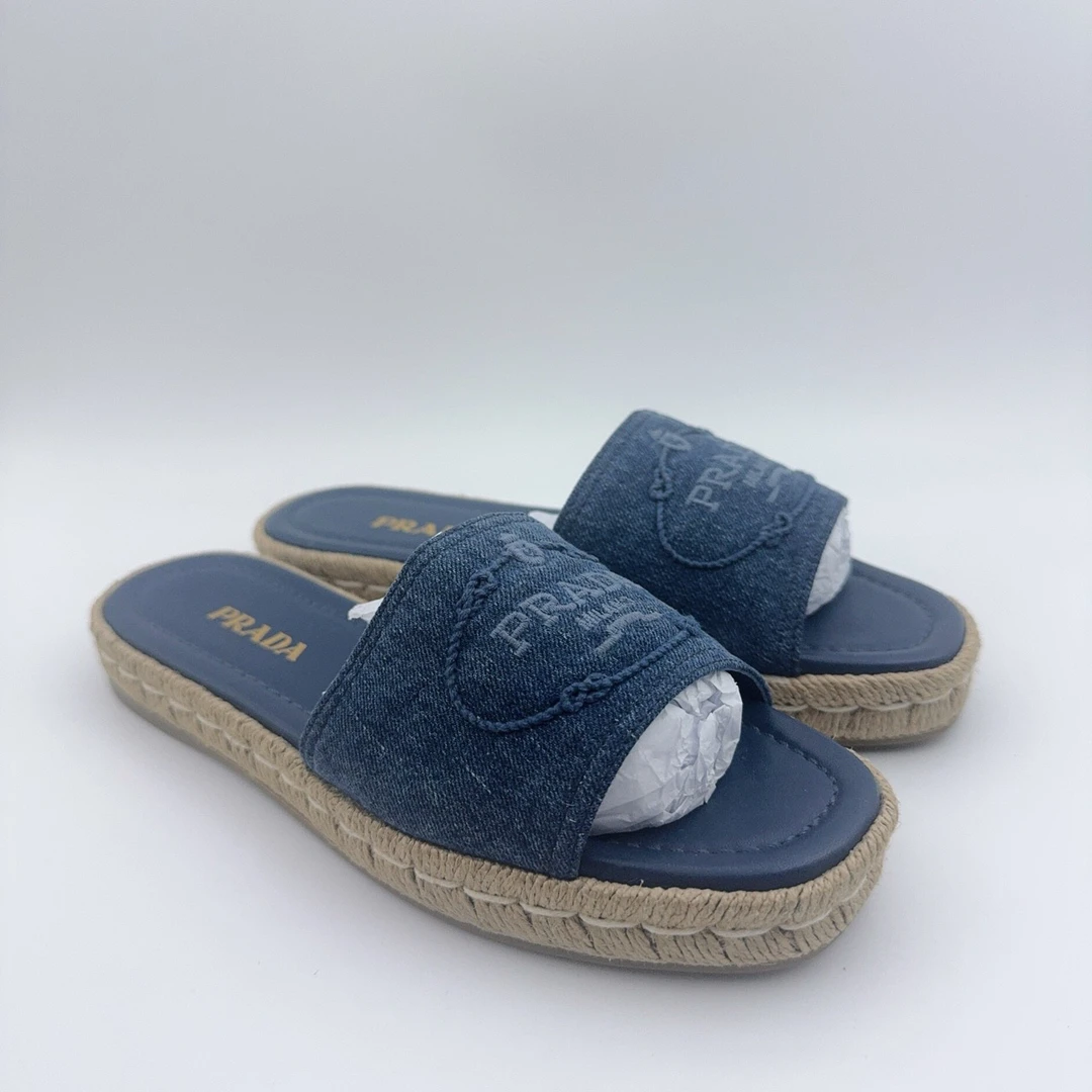 95新 Prada/普拉达 37.5码/蓝色牛仔草编拖鞋/ys00968