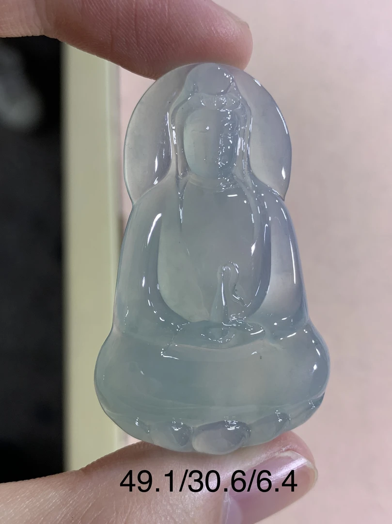 天然缅甸翡翠A货素衣观音吊坠，冰种蓝底，胶润细腻，男士佩戴