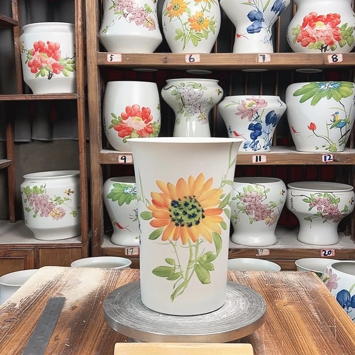 摆件蓝花盆向日葵新款陶瓷