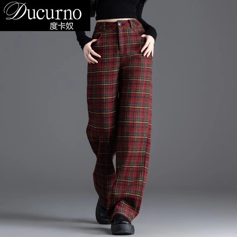 加厚毛呢裤子女秋冬季2026新款今年流行格子加绒裤直筒阔腿休闲裤