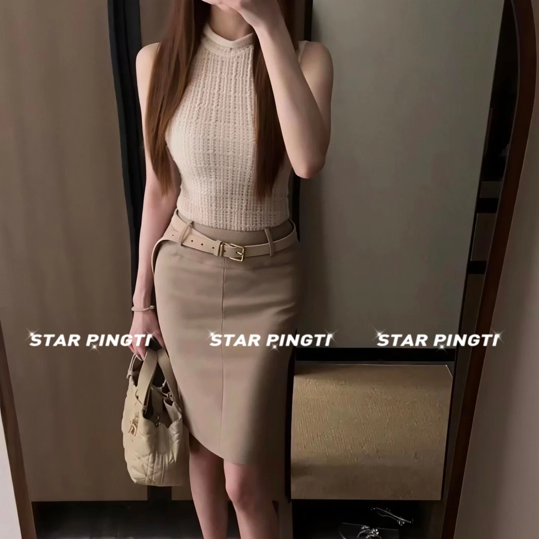 老钱风穿搭套装女名媛千金古早感无袖背心针织上衣高腰半裙两件套