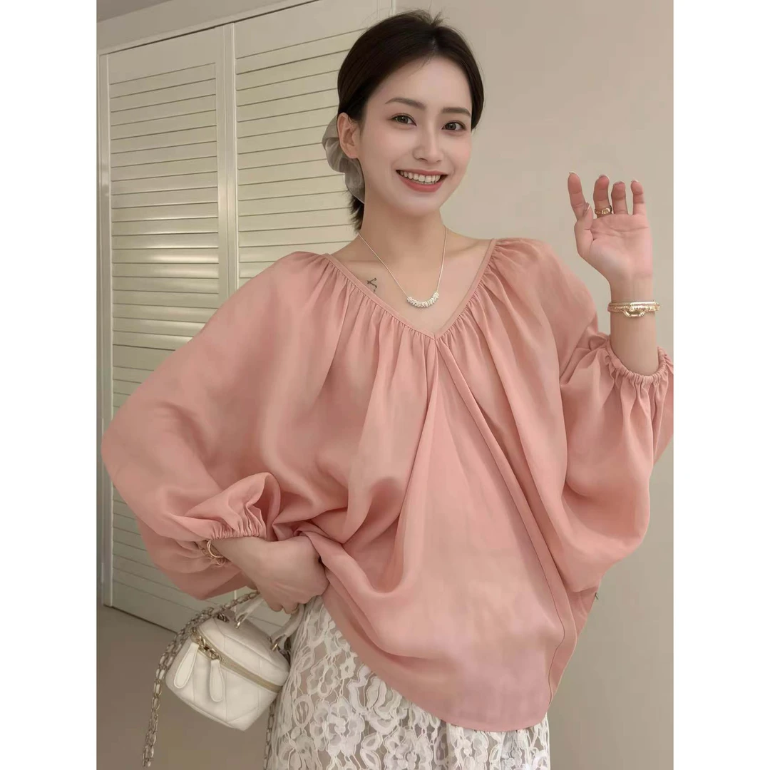 【丽子小姐】名媛千金气质前V衬衫高级垂坠宽松薄款高级感上衣5040
