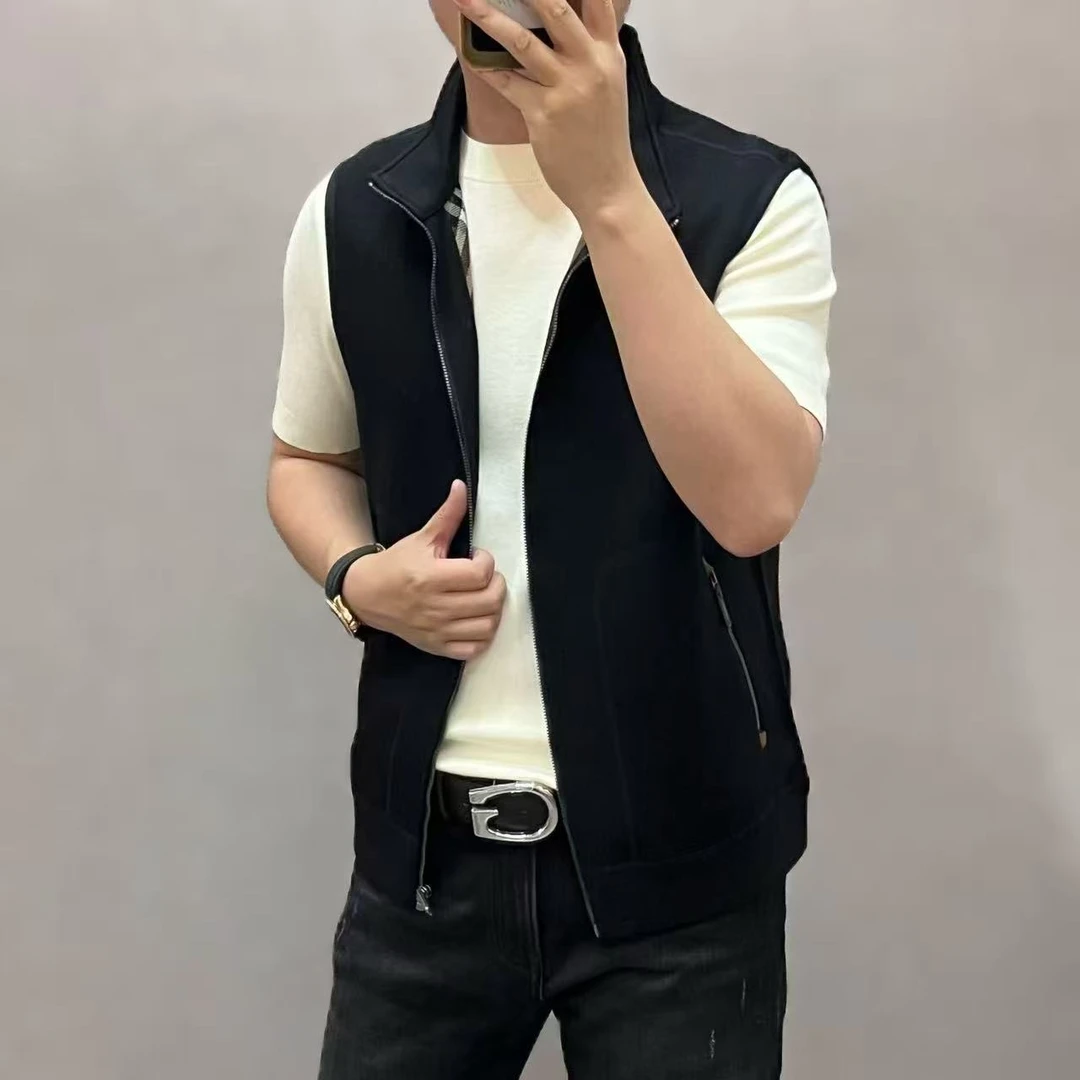 新款高端男士休闲时尚纯色棋盘格纹立领拉链马甲2103