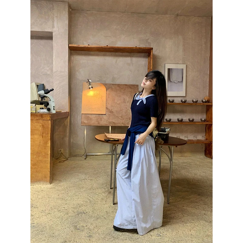 韩系学院风软糯小个子针织短袖T恤上衣高腰宽松百搭休闲阔腿裤女