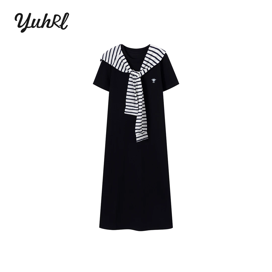 【遇幻YUHRL】时尚显瘦A字裙气质短袖拼接摩登运动连衣裙#25GJC22