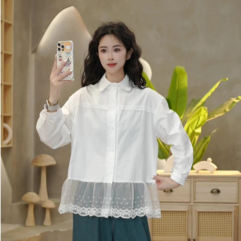 8876 春秋新款简约宽松纯色蕾丝边花朵翻领白色长袖衬衫女