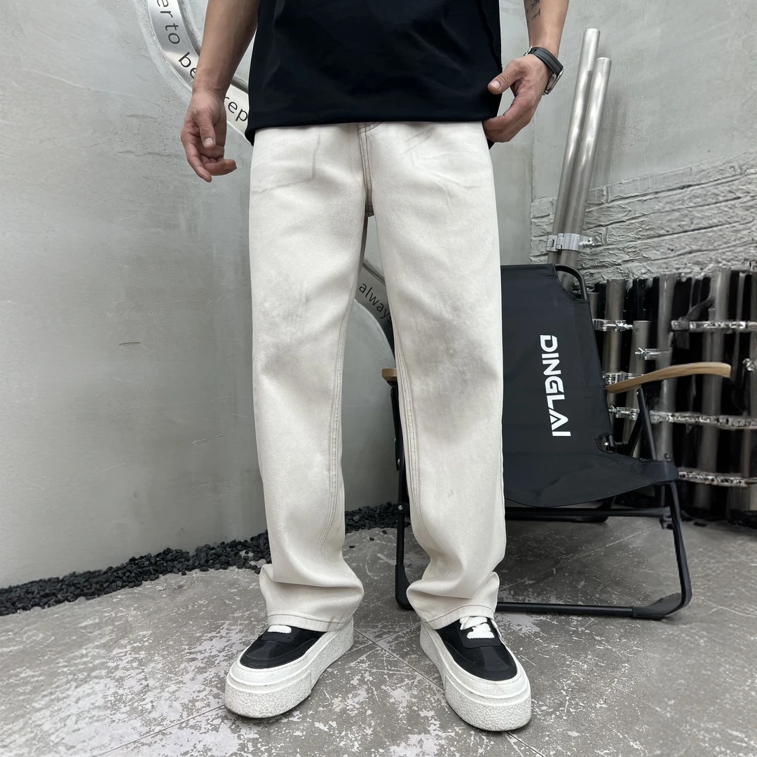 夏季美式休闲痞帅重工做旧牛仔裤男复古直筒宽松潮牌阔腿长裤潮