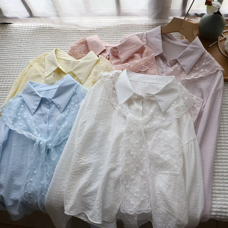 2025春夏新品韩版蕾丝口袋长袖衬衫配蕾丝披肩两件套女3472