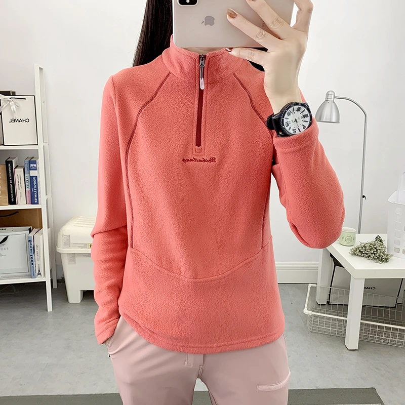户外运动抓绒衣女士上衣长袖T恤加厚保暖衣摇粒绒立领打底衫秋冬
