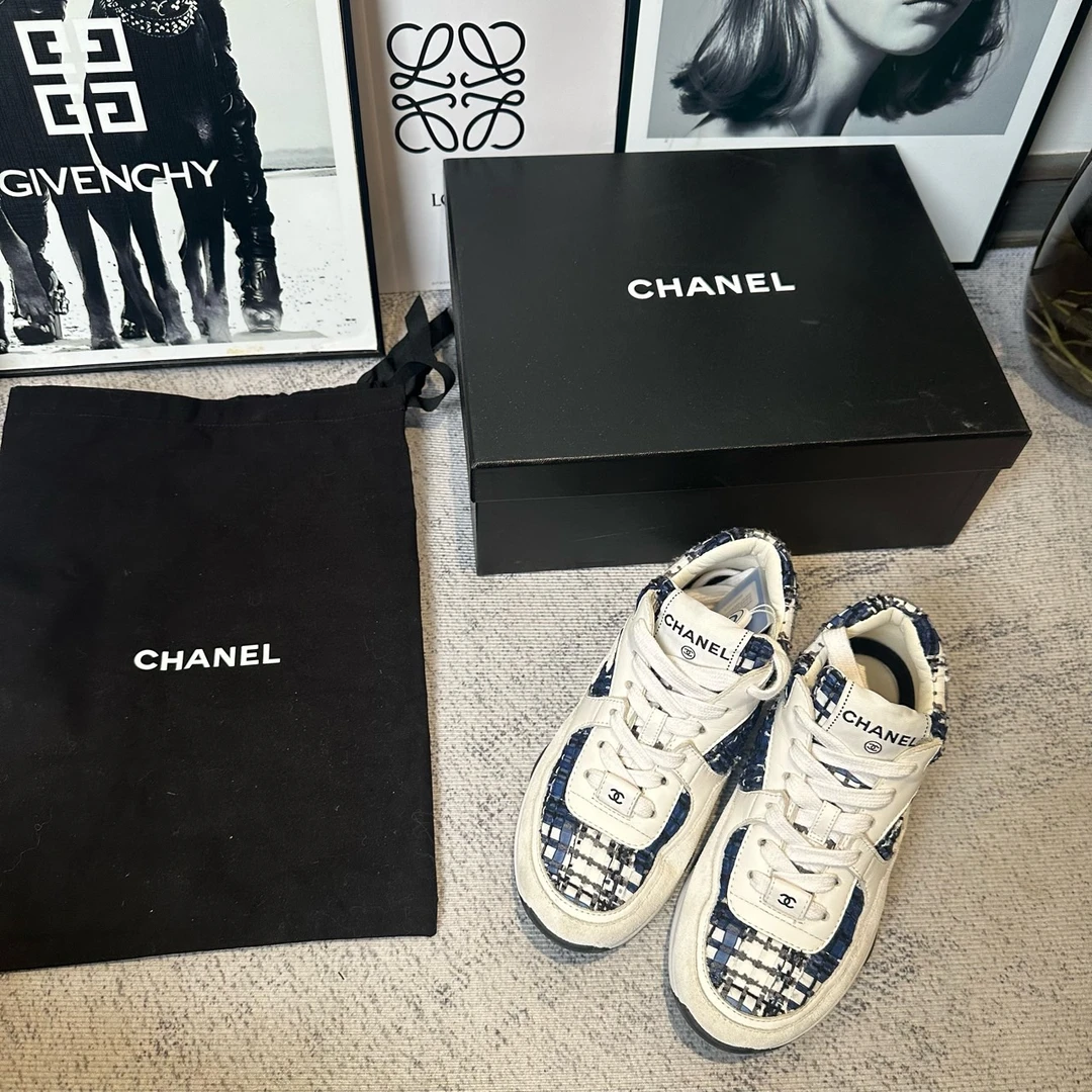 99新 Chanel/香奈儿 葡萄籽奢潮/蓝白粗花呢双C运动鞋/35码