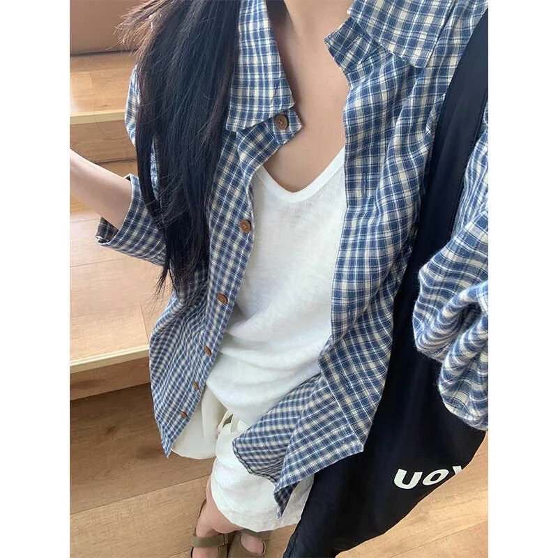 蓝色格子条纹长袖格子衬衫2025女春秋衬衣慵懒风外搭休闲外套正肩