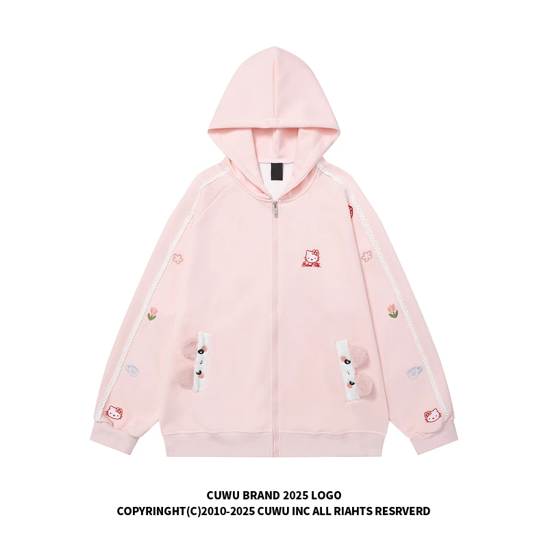 cuwu甜美风小猫刺绣连帽卫衣女男春季宽松慵懒风休闲粉色开衫外套