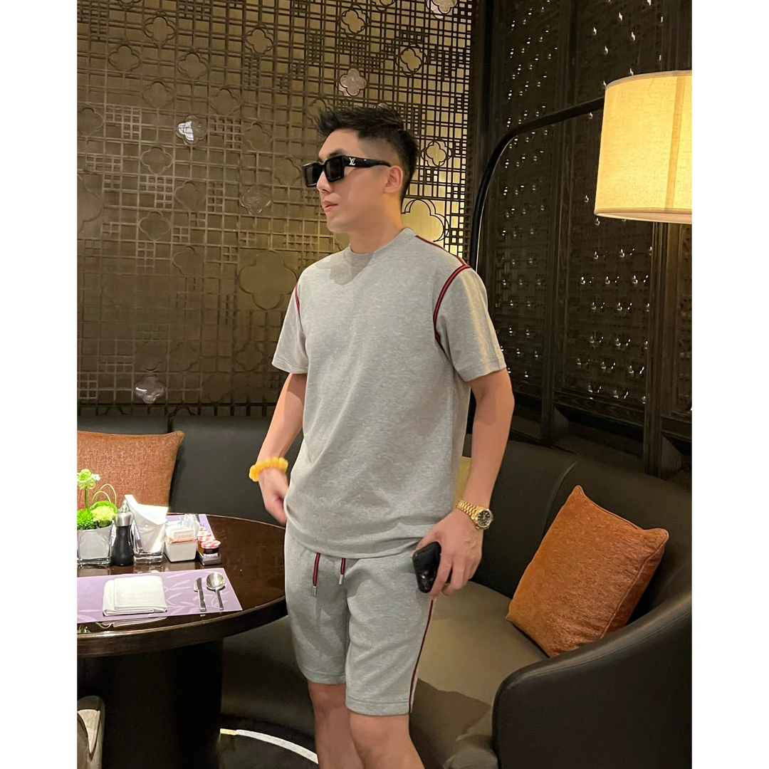 【红色条纹套装】李查德痞帅男装夏日薄款液氨棉织带撞色短袖短裤