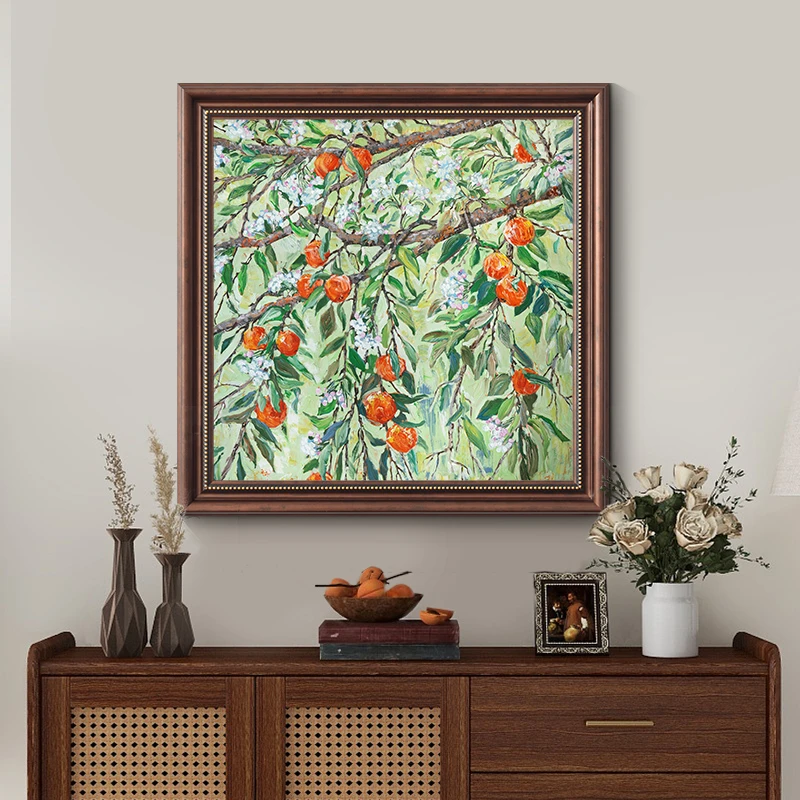 《朱柿摇青》玄关过道挂画复古斗柜卧室装饰画餐厅柿柿如意壁画美式