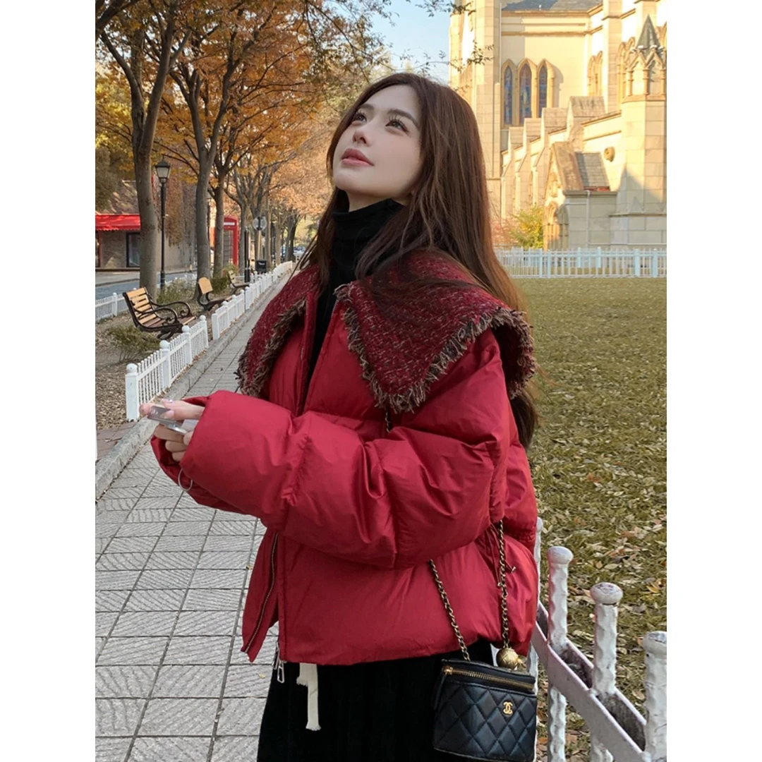 小香风大翻领红色羽绒服女冬季短款小个子收腰2025蛇年本命年衣服