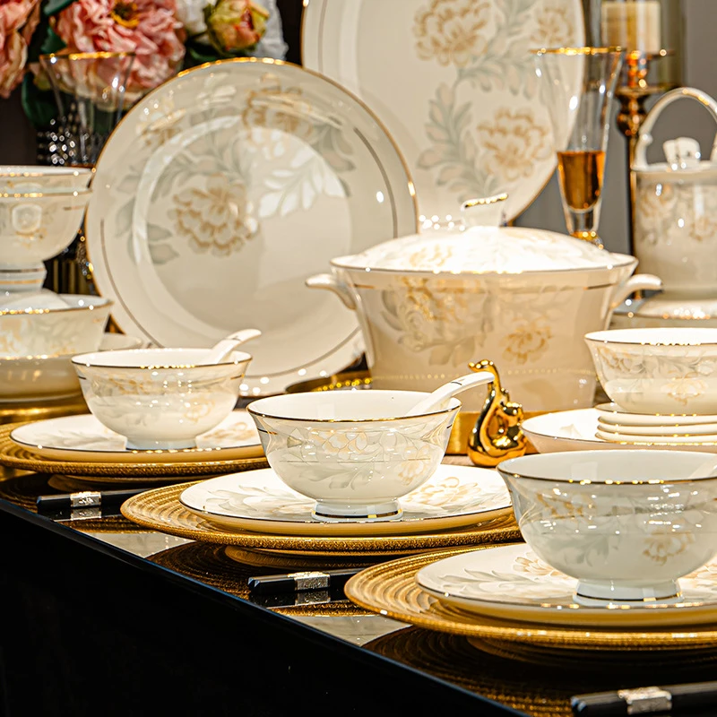 骨瓷餐具套装家用陶瓷碗碟组合新中式碗盘碟新款乔迁礼品高档碗筷