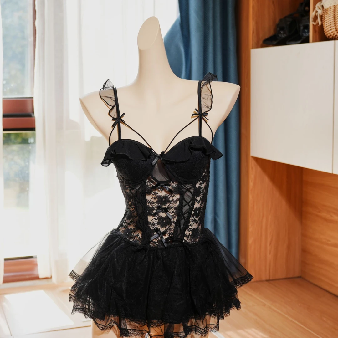 轻奢性感蕾丝睡衣聚拢加胸垫慵懒风吊带镂空睡裙套装