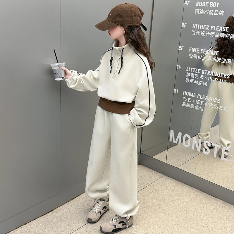女童春秋套装2025新款6-12岁15岁立领卫衣假两件时尚休闲两件套潮