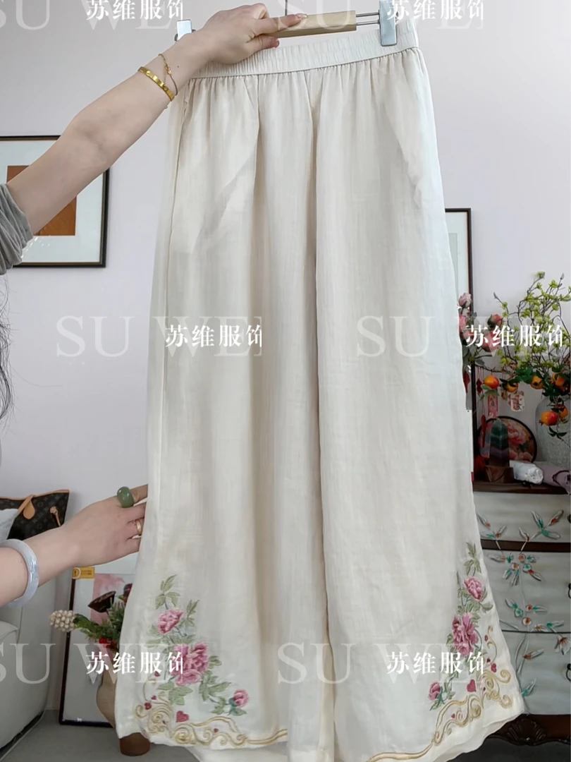 【维揽】1828苎麻民族风阔腿裤松紧腰刺绣碎花双层休闲裤