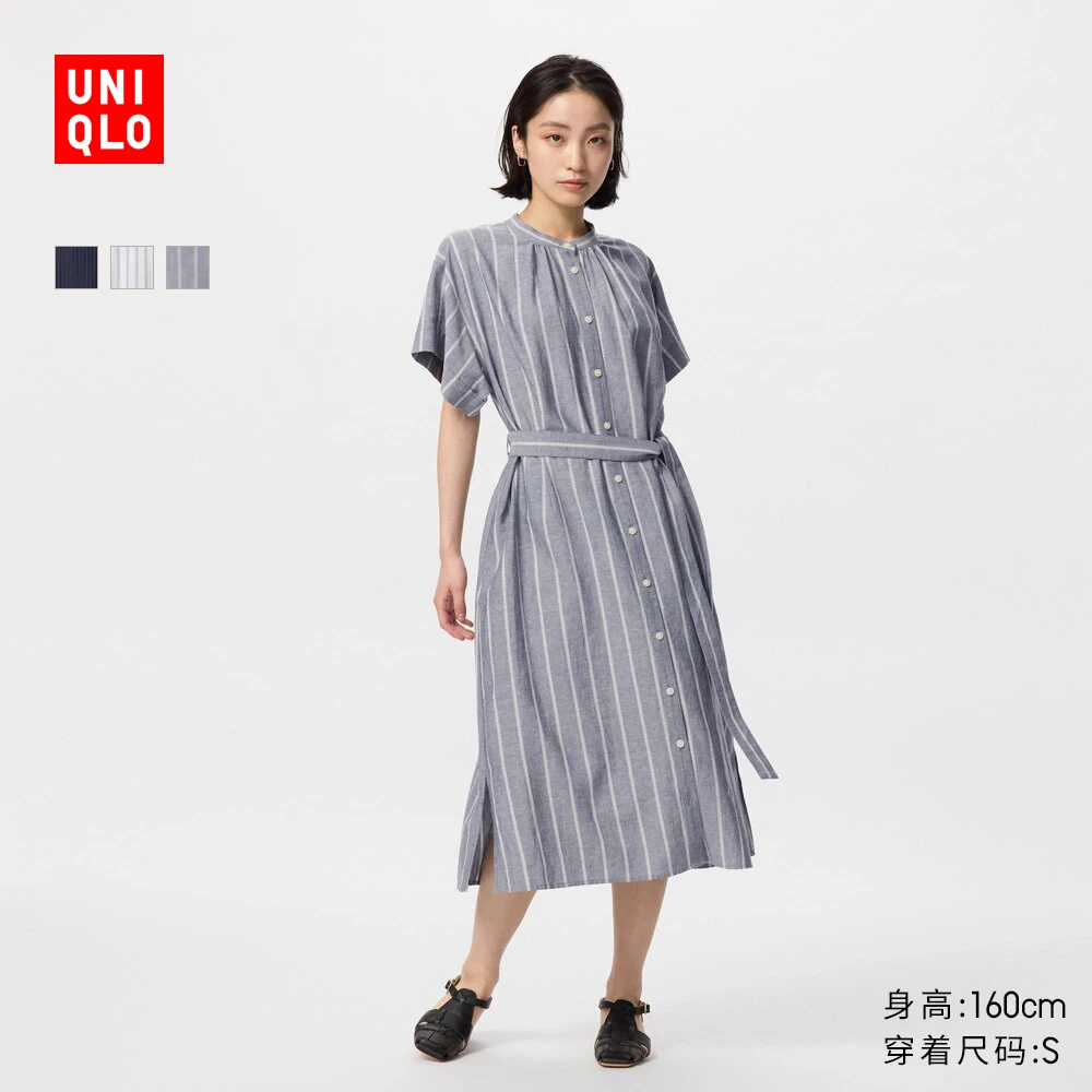 优衣库女装麻混纺休闲连衣裙短袖477621 477620 477308