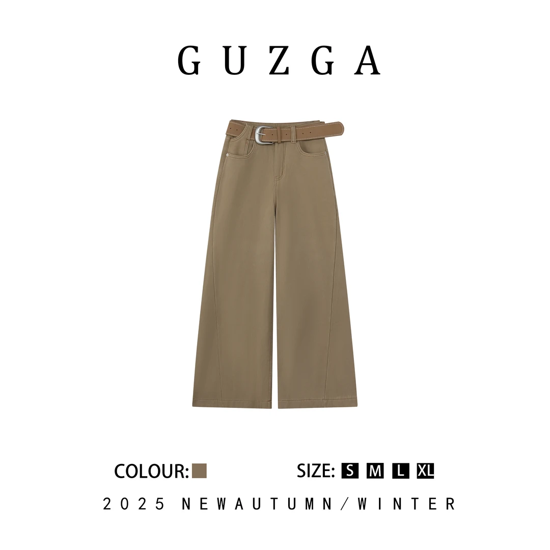 GUZGA【聪慧过人】（加绒）卡其色高腰阔腿裤女时尚百搭简约直筒秋冬