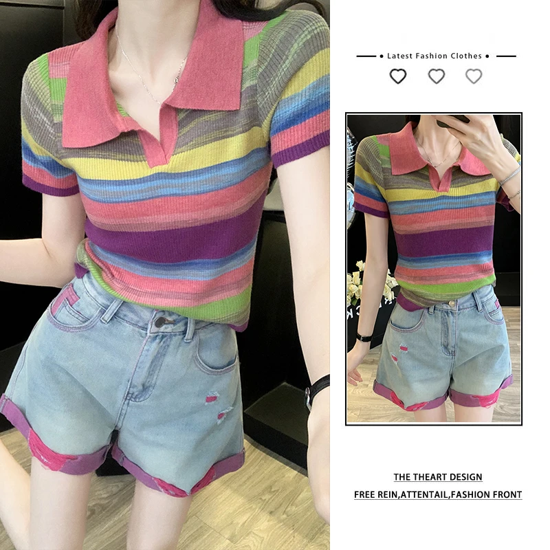 【品质专属】多巴胺时尚套装女夏季减龄撞色针织衫牛仔短裤两件套