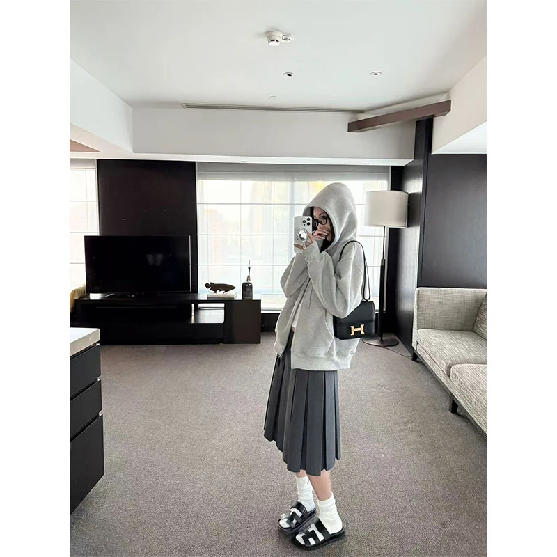 2025秋冬INS风设计感洋气灰色拉链长袖连帽卫衣高腰a字半身裙套装