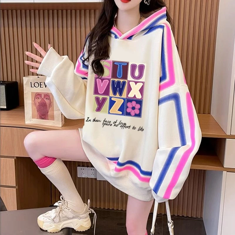 宽松大码胖mm休闲百搭韩版连帽卫衣女春秋季薄款长袖印花条纹外套